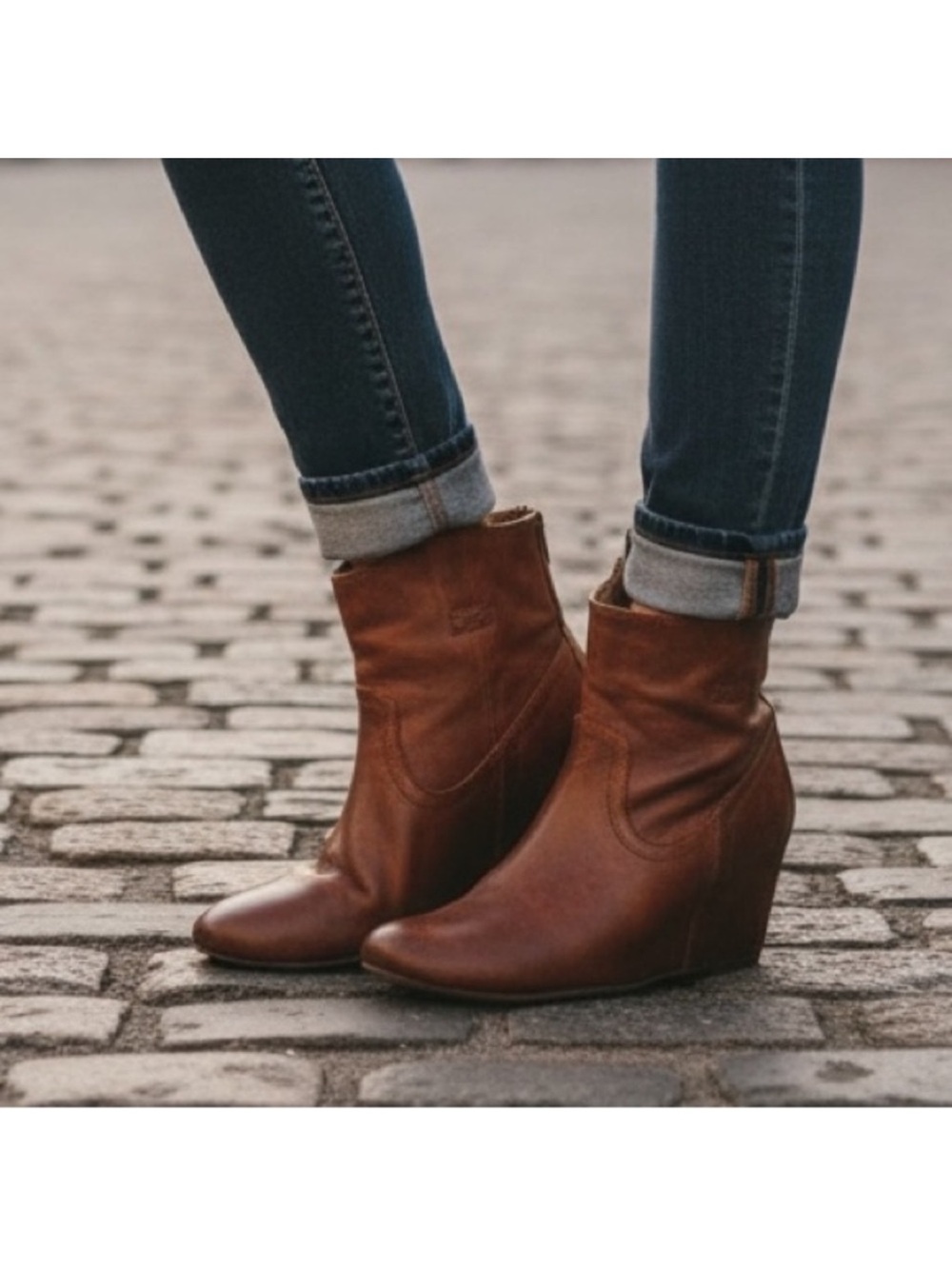 Frye Cognac Leather Wedge Ankle Boots